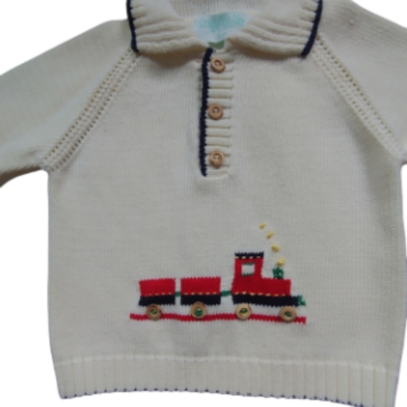 Grandma Nes Ivory Holiday Embroidered Train Button Sweater Size 3 - Picture 4 of 4